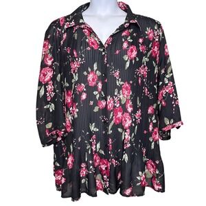 Only Necessities Womens Black Floral Rose Print Sheer Button Up Blouse Size 1X